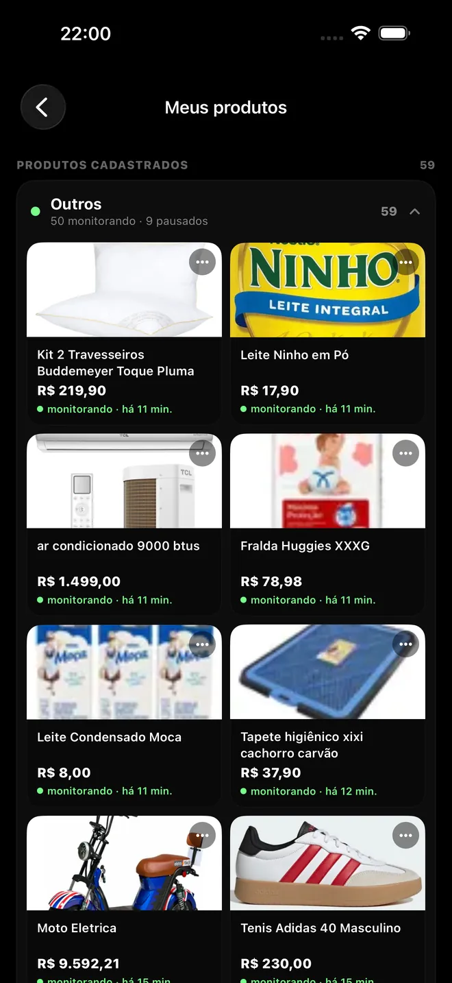 Tela Meus produtos com os itens cadastrados no radar