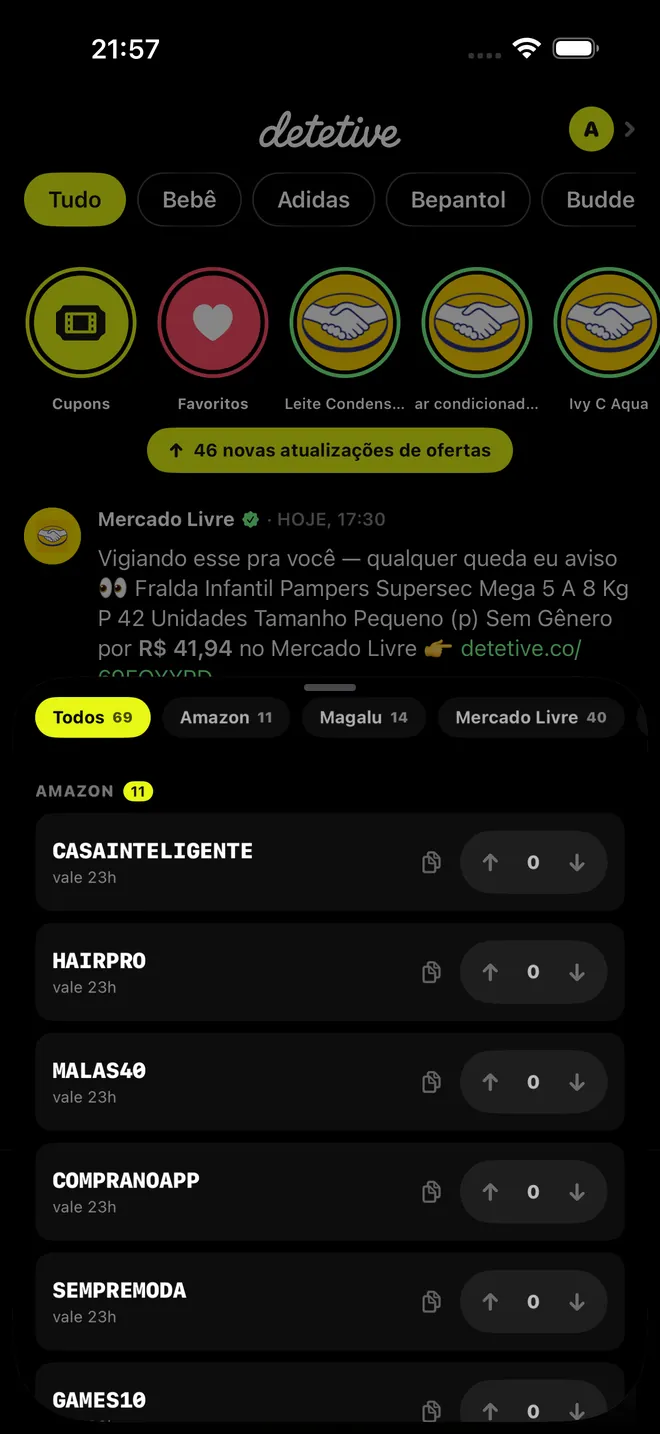 Painel de cupons por loja dentro do app
